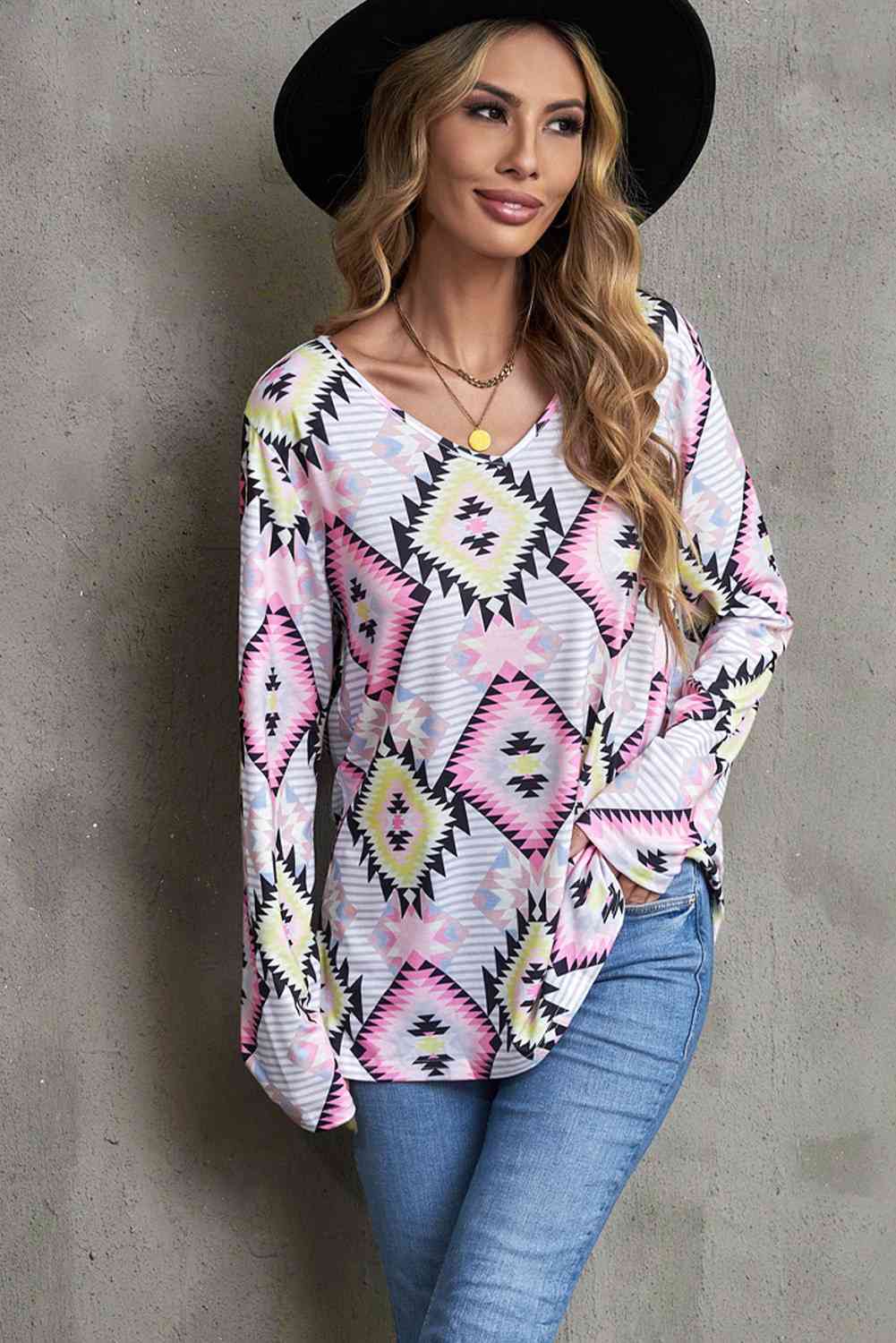 Geometric V-Neck Long Sleeve Shirt