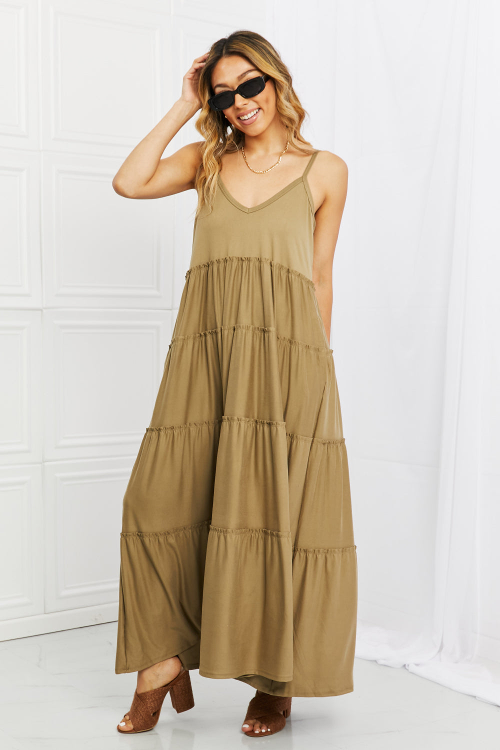 Zenana Full Size Spaghetti Strap Tiered Dress with Pockets