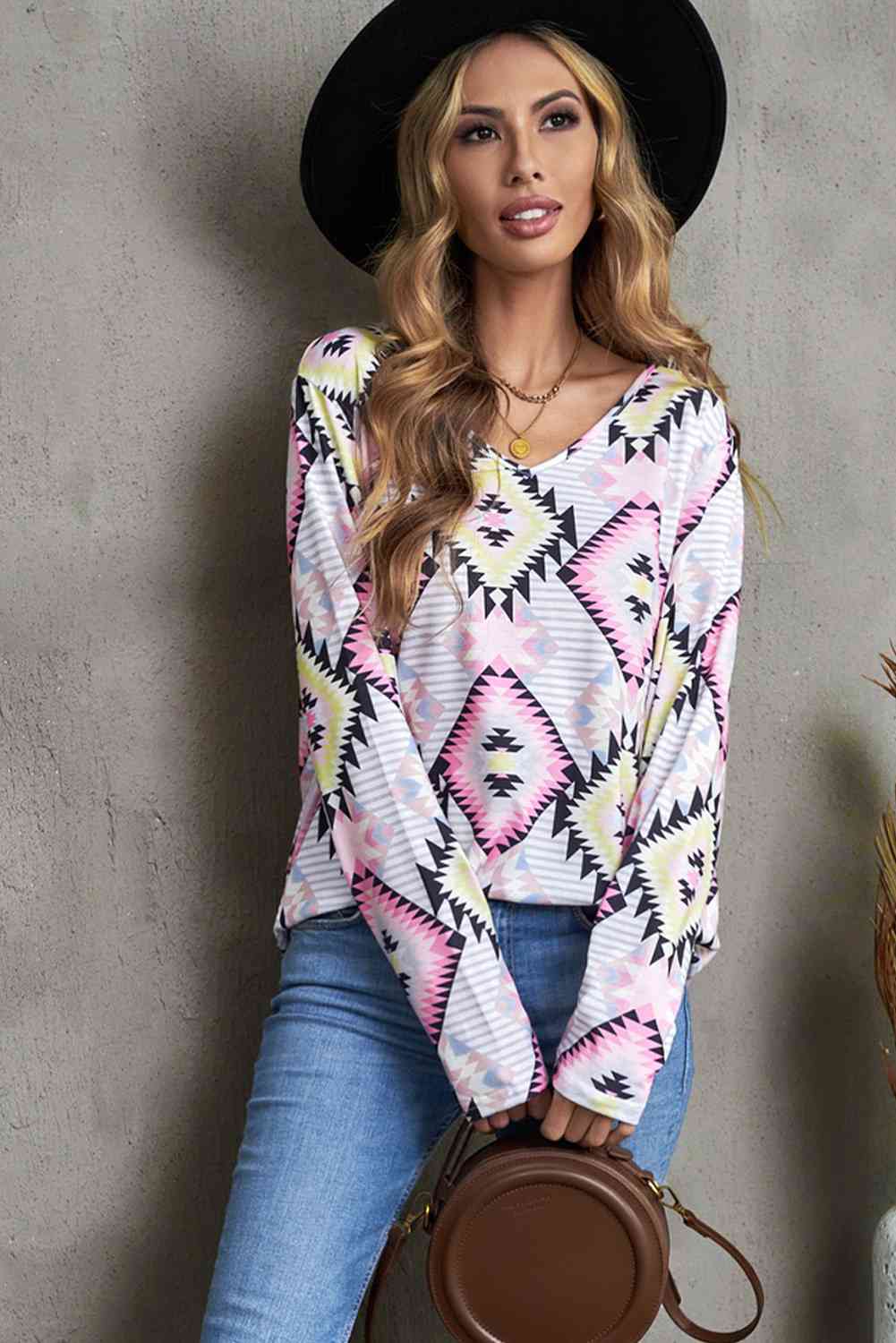 Geometric V-Neck Long Sleeve Shirt