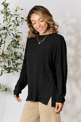 Basic Bae Full Size Ribbed Round Neck Slit Shirt