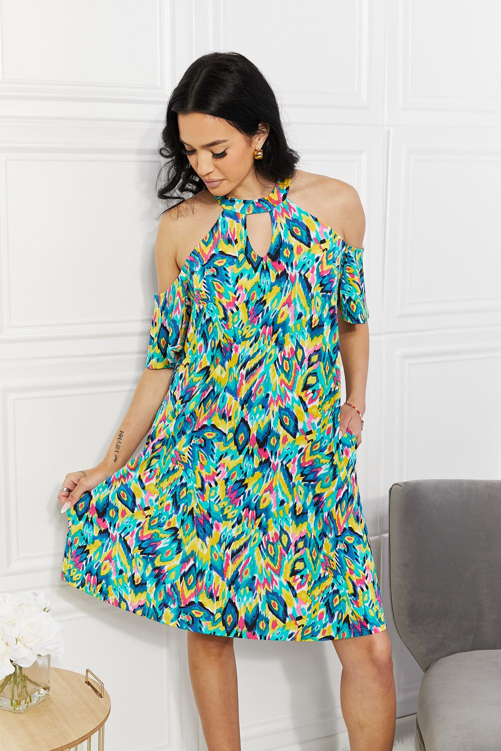 Sew In Love Full Size Perfect Paradise Printed Cold Shoulder Dress