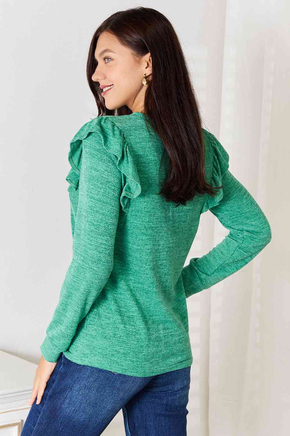 Double Take Ruffle Shoulder Long Sleeve Shirt