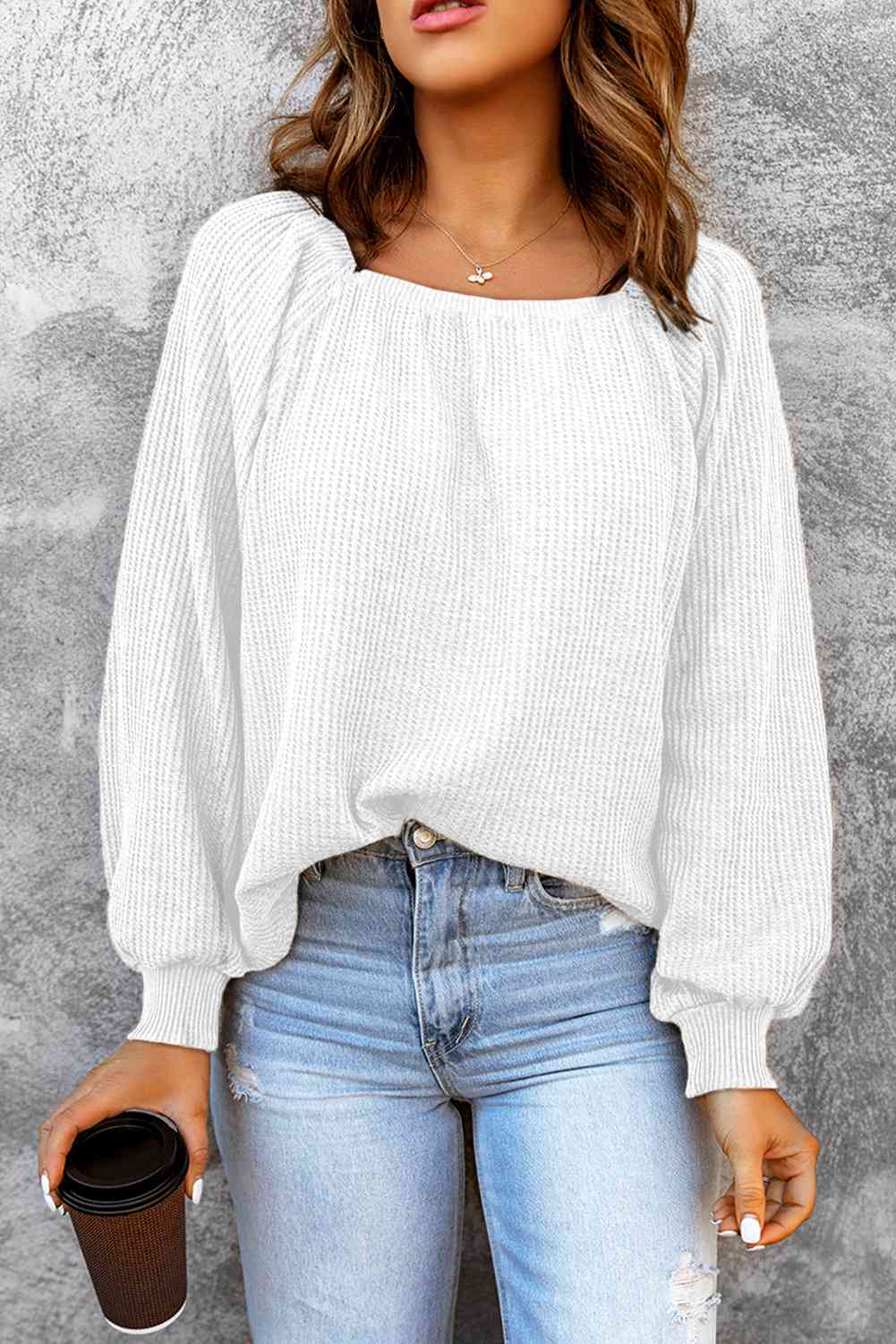 Square Neck Waffle-Knit Top