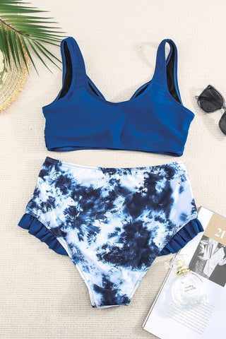 Two-Tone Crisscross Frill Trim Two-Piece Swimsuit
