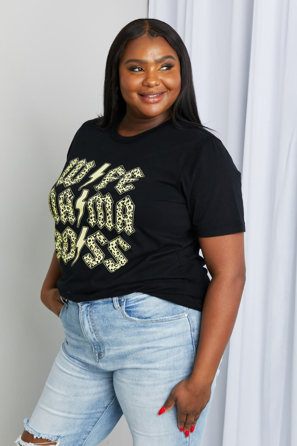 mineB Full Size Leopard Lightning Graphic Tee in Black 