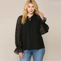 Black Zebra Burnout Sleeve Ruffled Plus Women's Crepe Blouse