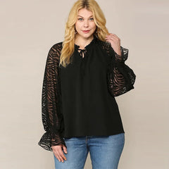 Black Zebra Burnout Sleeve Ruffled Plus Women's Crepe Blouse