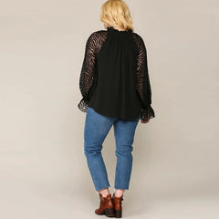 Black Zebra Burnout Sleeve Ruffled Plus Women's Crepe Blouse
