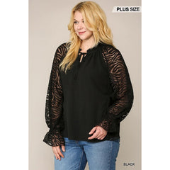 Black Zebra Burnout Sleeve Ruffled Plus Women's Crepe Blouse