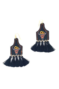 Stylish Western Cow Skull & Tassel Drop Earring