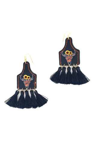Stylish Western Cow Skull & Tassel Drop Earring