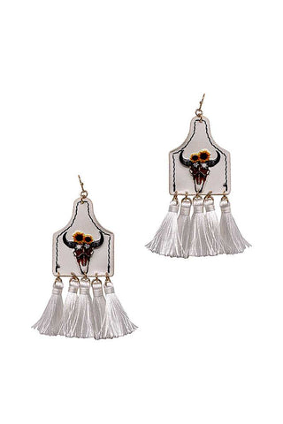 Stylish Western Cow Skull & Tassel Drop Earring
