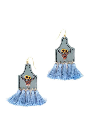 Stylish Western Cow Skull & Tassel Drop Earring