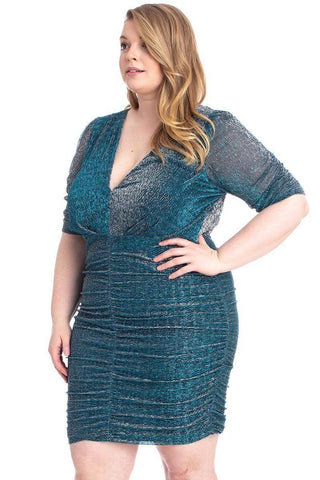 Midnight Blue Ribbed Shimmer Shirring Mini Dress