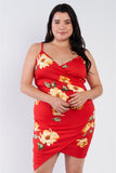 Red Floral Print V-neck Cinched Side Plus Size Mini Dress
