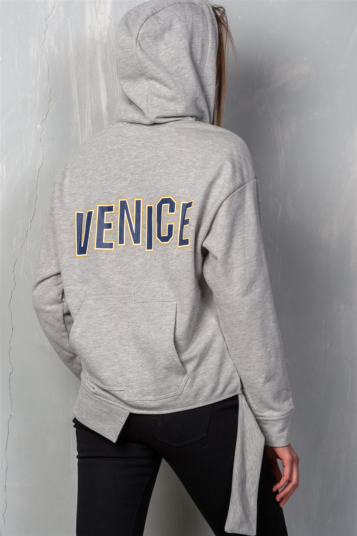 Grey Uneven Hem Graphic "Venice" Pullover Hoodie