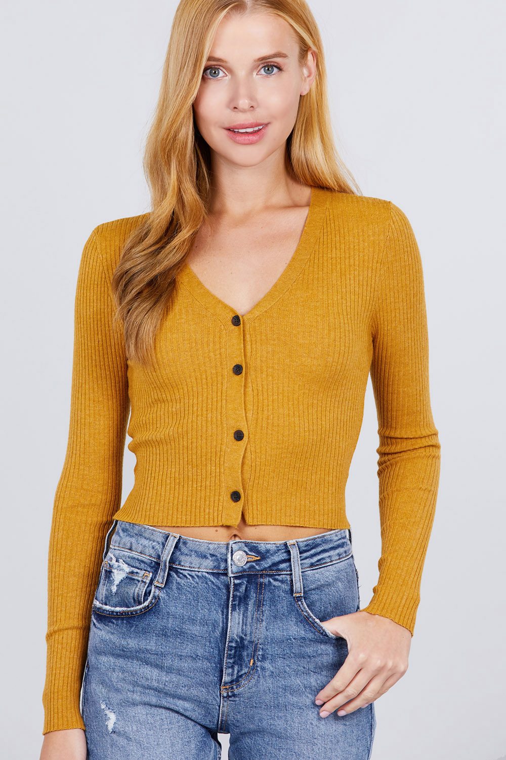 Yellow Long Sleeve V-neck w/ button Down Crop Cardigan