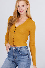 Yellow Long Sleeve V-neck w/ button Down Crop Cardigan