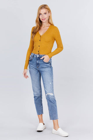 Yellow Long Sleeve V-neck w/ button Down Crop Cardigan