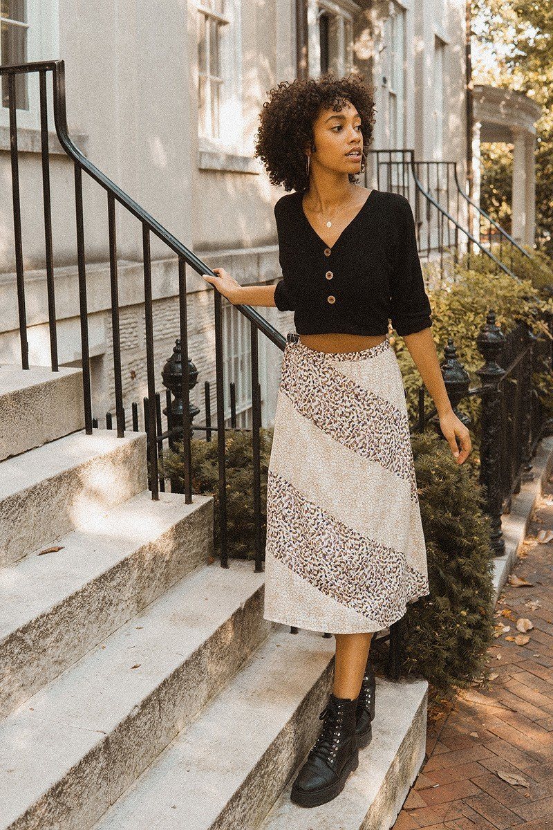 Taupe Floral-print Woven Midi Skirt