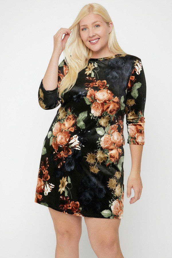 Velvet Round Neck Dress Featuring a Lovely Floral Print