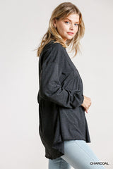 Grey Confetti Detailed Long Puff Sleeve Babydoll Top With Button Front And Raw Hem