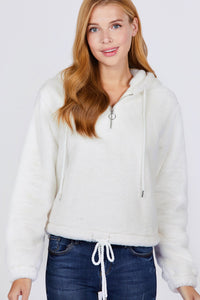 White Long Sleeve Zipper Detail Faux Fur Hoodie Sweatshirt