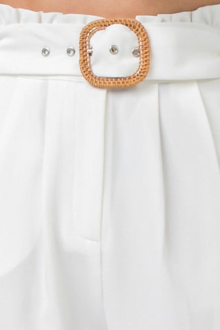 White Paperbag High Waist with Rattan Buckle Belt Pants
