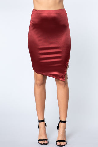 Red Jewel Strap Satin Midi Skirt
