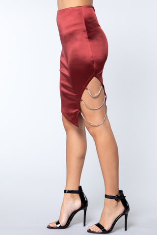Red Jewel Strap Satin Midi Skirt