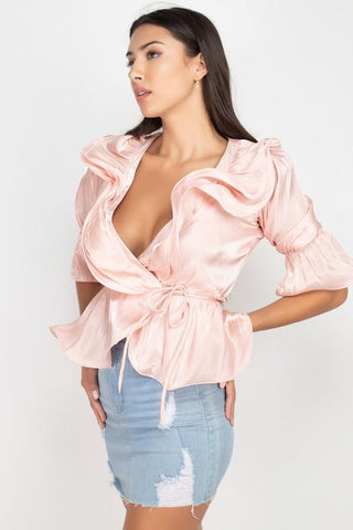 Pink Wrap Around Surplice Ruffle Top Blouse