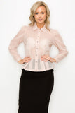 Nude Organza Pleated Long Sleeve Blouse