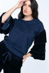 Navy Tiered Velvet Ruffle Sleeve Crew Neck Top