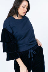 Navy Tiered Velvet Ruffle Sleeve Crew Neck Top