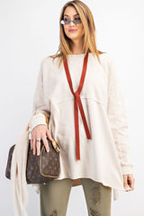 Khaki Terry Knit Side Slits Pullover Women's Tunic