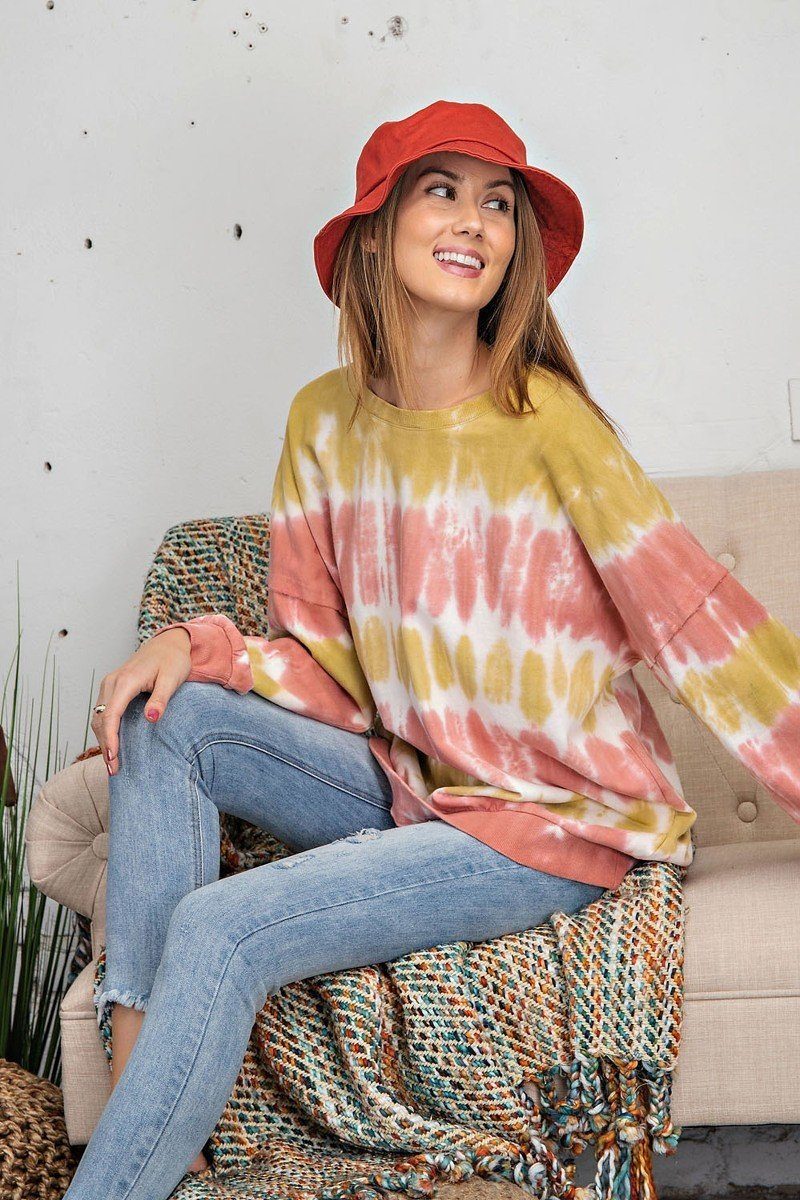 Yellow & Rose Ombre Dye Terry Knit Banded Bottom Pullover
