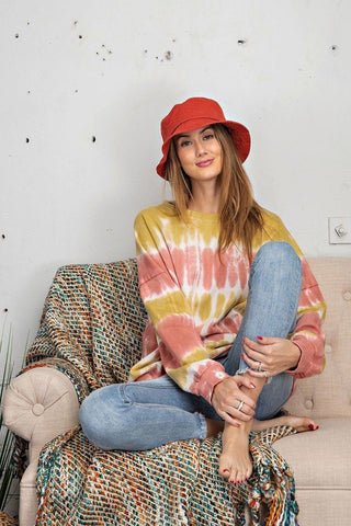 Yellow & Rose Ombre Dye Terry Knit Banded Bottom Pullover