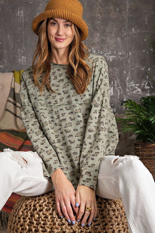 Leopard Printed Garment Dye Loose Fit Knit Women's Top