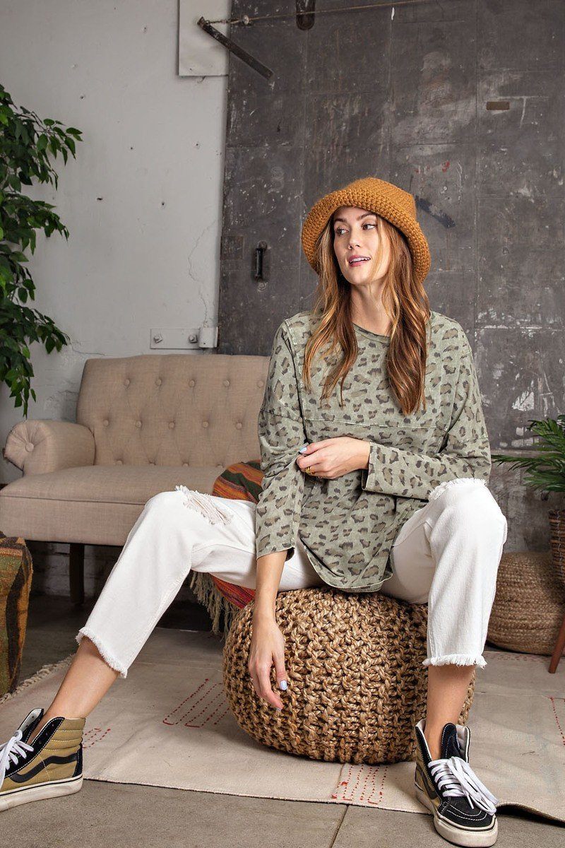 Leopard Printed Garment Dye Loose Fit Knit Women's Top