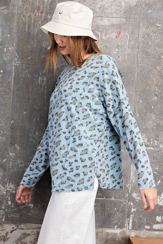 Leopard Printed Garment Dye Loose Fit Knit Women's Top