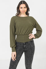 Green Knit Top Featuring Wide Neckline