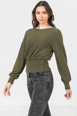 Green Knit Top Featuring Wide Neckline