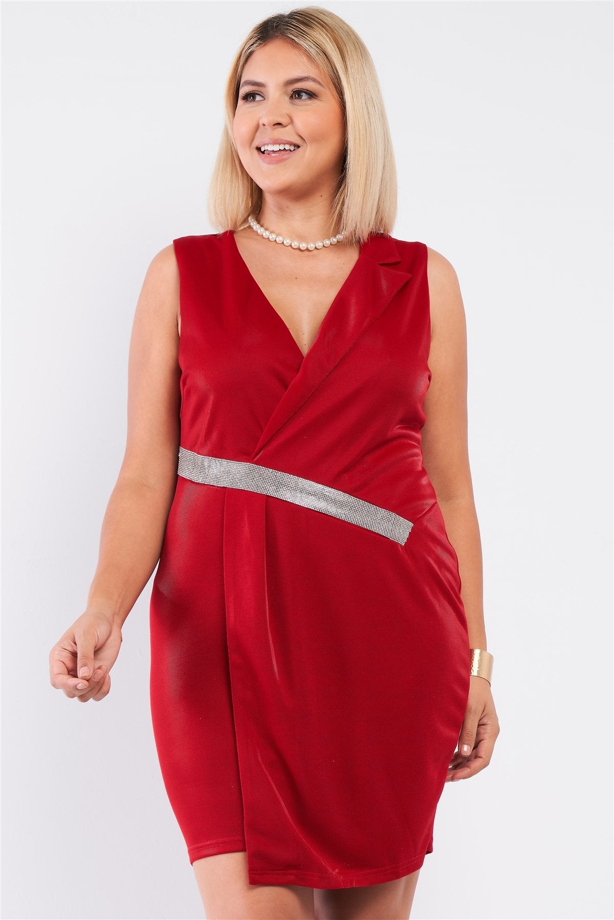 Deep Red Sleeveless V-neck Asymmetrical Wrap Rhinestones Detail Fitted Mini Blazer Dress