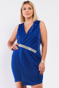 Royal Sleeveless V-neck Asymmetrical Wrap Rhinestones Detail Fitted Mini Blazer Dress