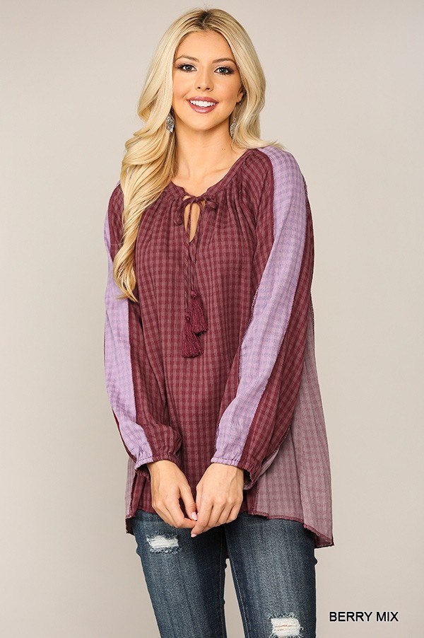 Textured Color Mixed Tassel Tie Peasant Top with Reverse Stitch Detail