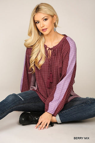 Textured Color Mixed Tassel Tie Peasant Top with Reverse Stitch Detail