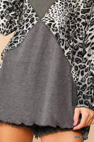 Grey Solid and Leopard Print Turtleneck with Long Sleeves Blouse