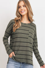 Olive Green Stripe Round Collar Long Sleeves Top