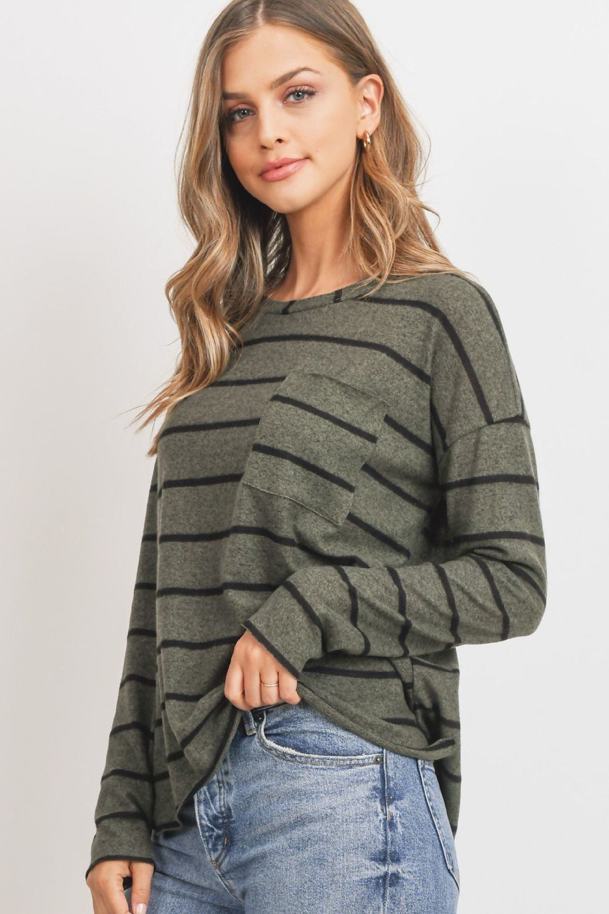 Olive Green Stripe Round Collar Long Sleeves Top