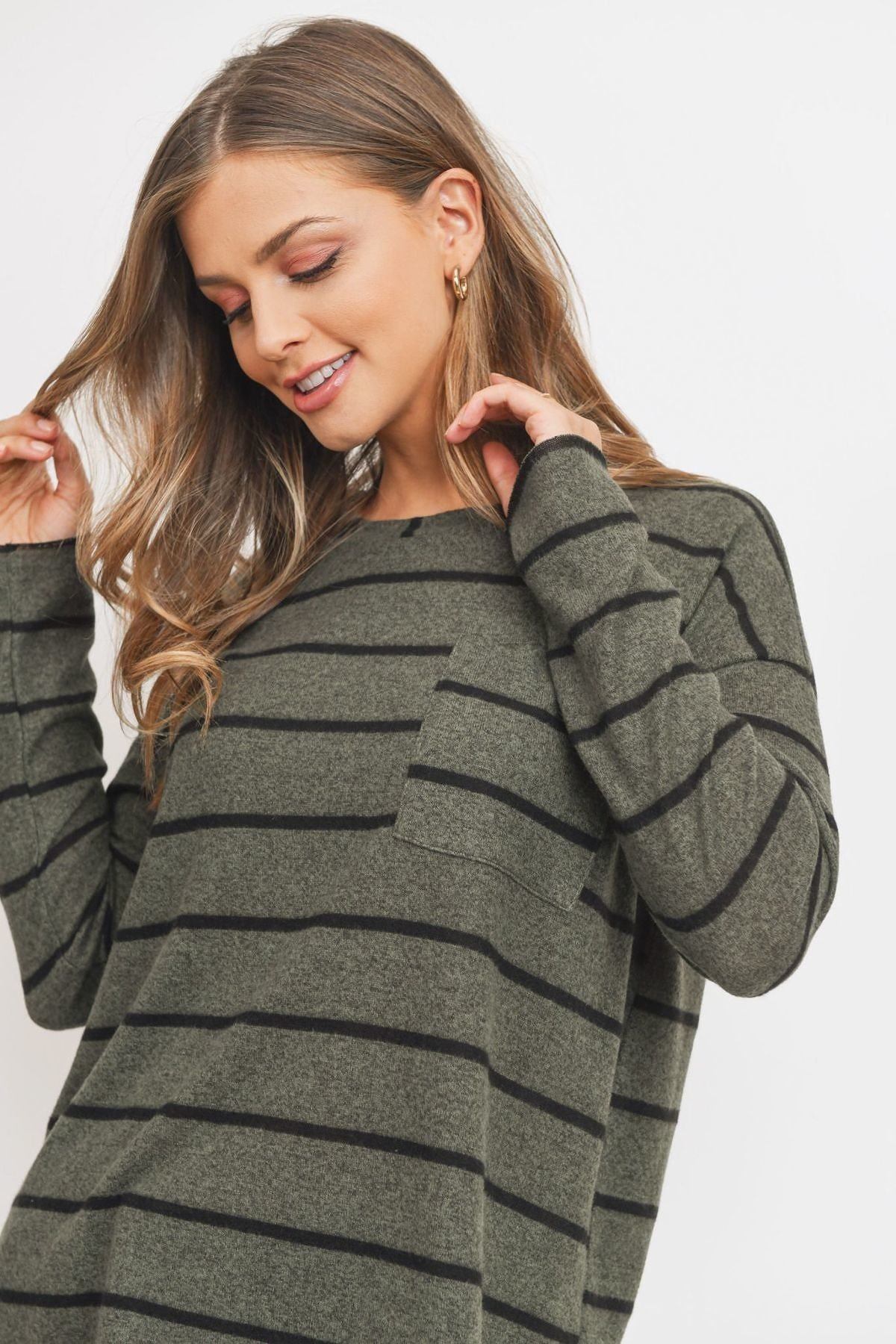 Olive Green Stripe Round Collar Long Sleeves Top